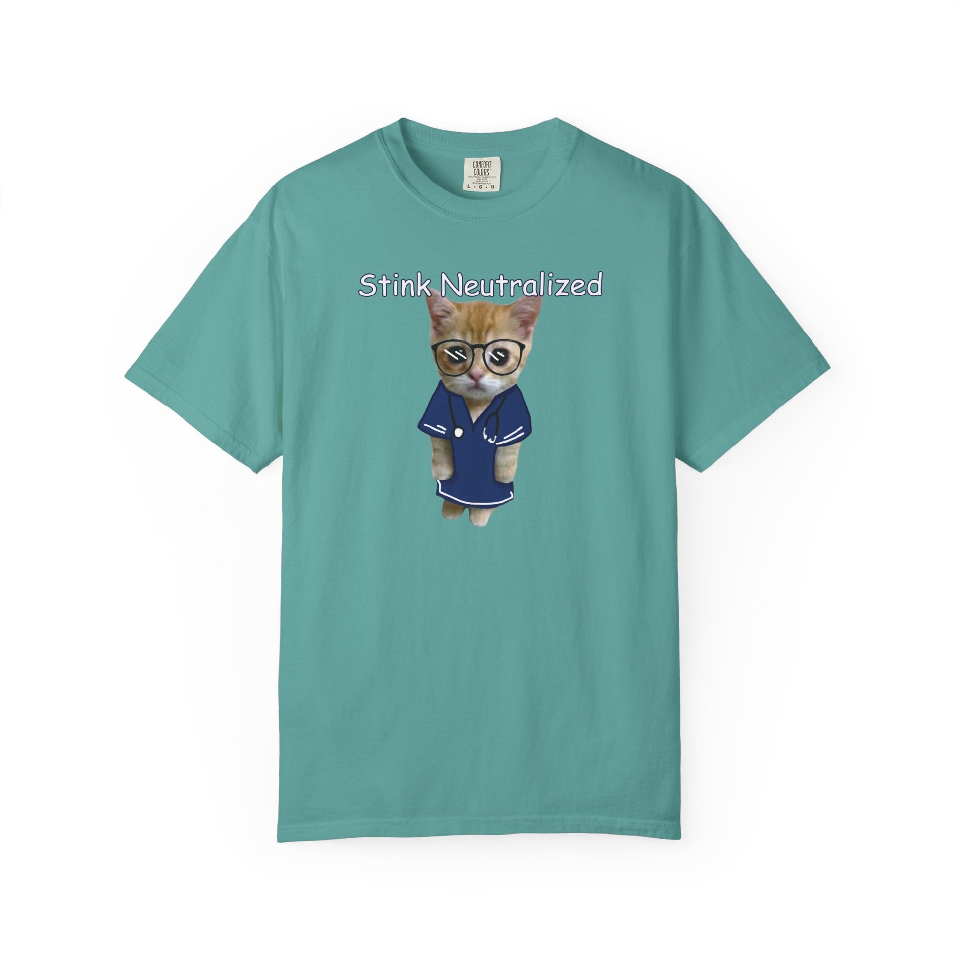 Funny cat graphic shirt featuring bespectacled kitten in robe