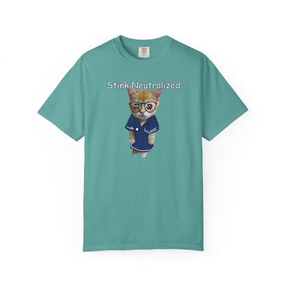 Funny cat graphic shirt featuring bespectacled kitten in robe
