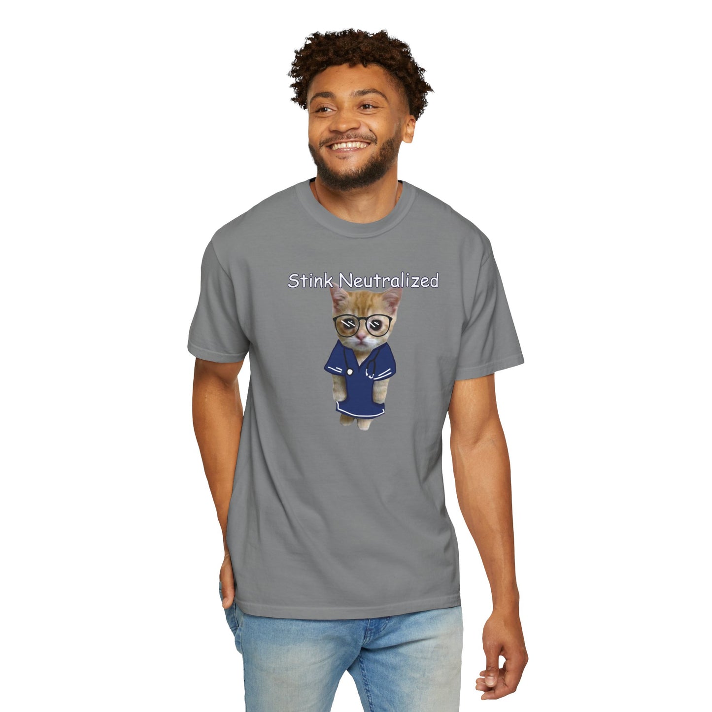 Funny cat slogan shirt with bespectacled kitten wearing navy robe
