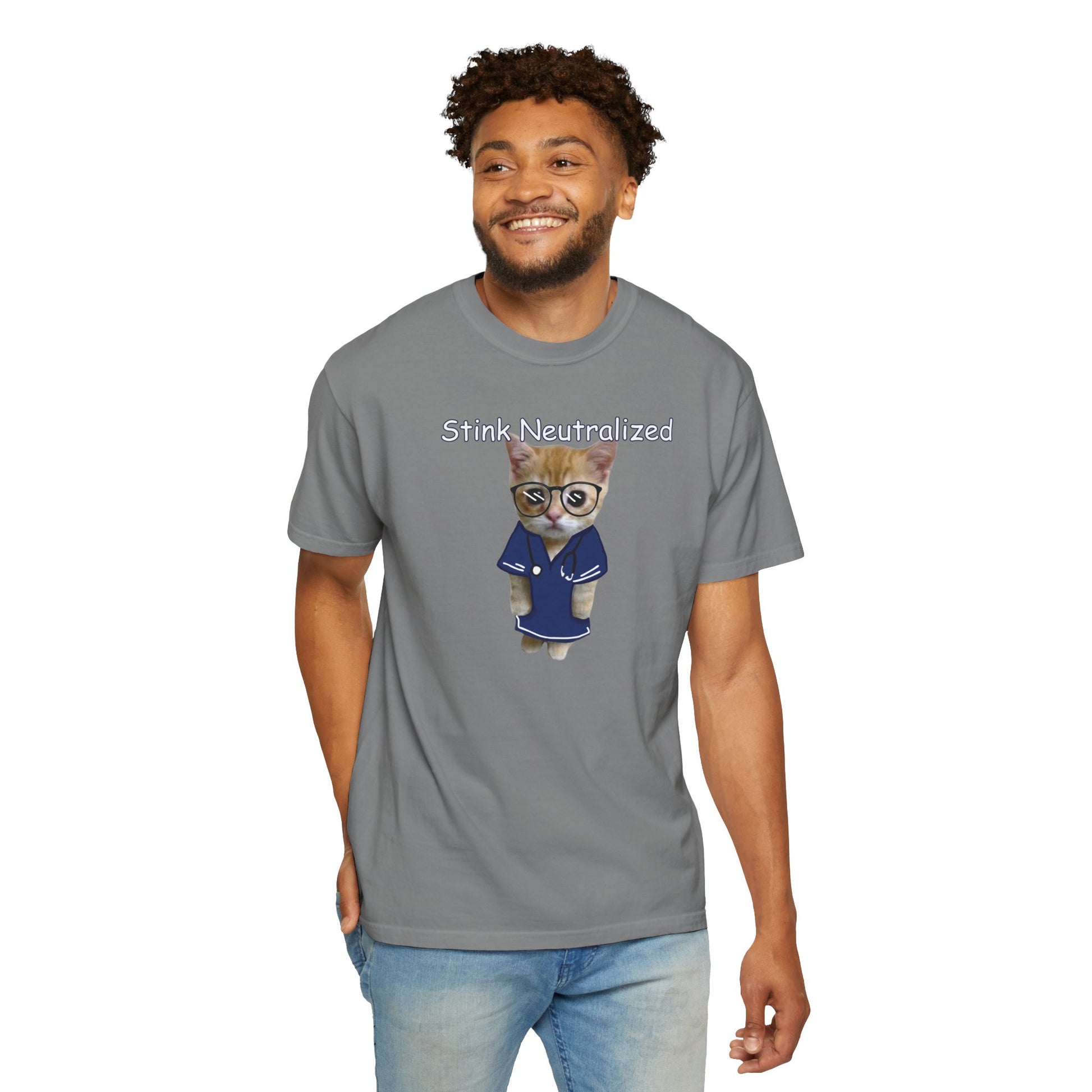 Funny cat slogan shirt with bespectacled kitten wearing navy robe