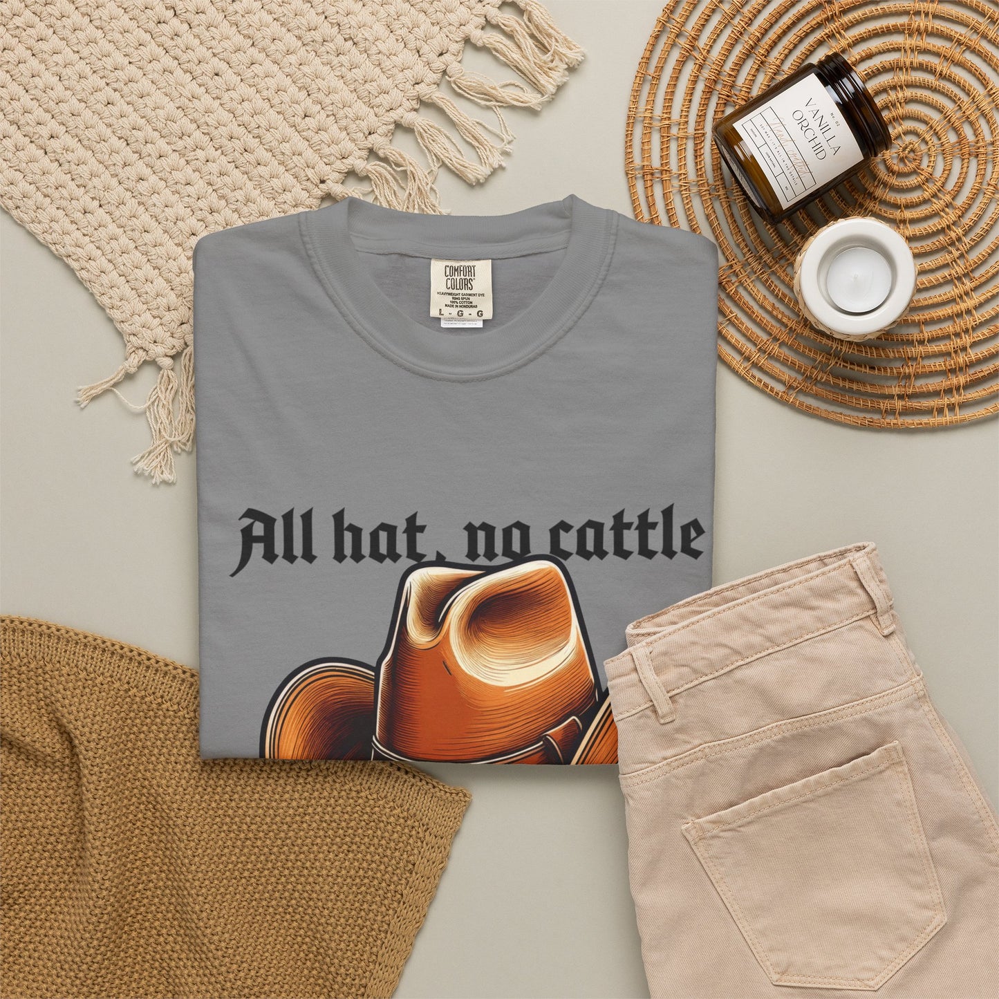 Funny cowboy saying shirt close up of bold playful typography
