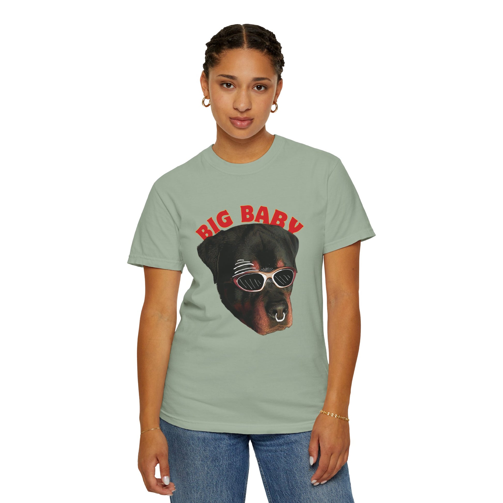 Funny dog breed tee big baby Rottweiler print close-up on garment-dyed cotton