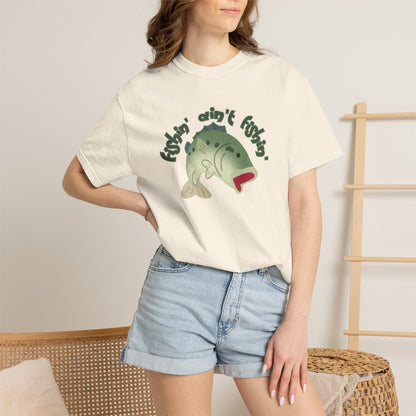 Funny fish aint fishing tee worn by angler at lakeside dock