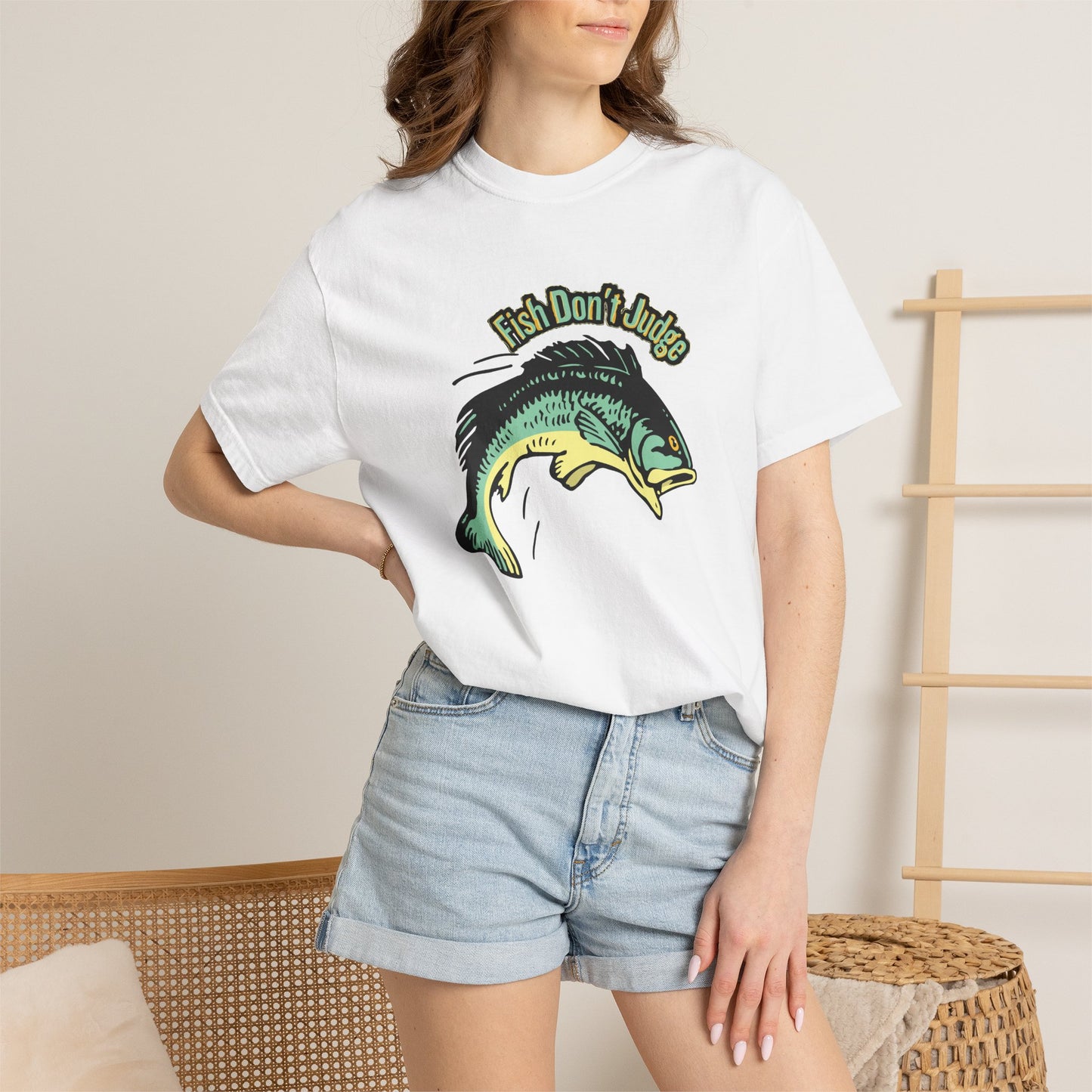 Funny fishing graphic tee with leaping bass design, flat lay on dock