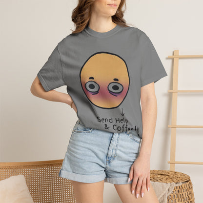 Funny meme merchandise — Send Help and Coffee unisex tee detail shot