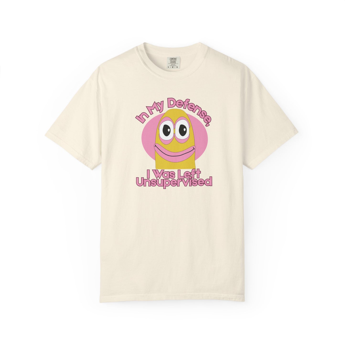 Funny meme shirt with goofy character saying In My Defense I Was Left Unsupervised