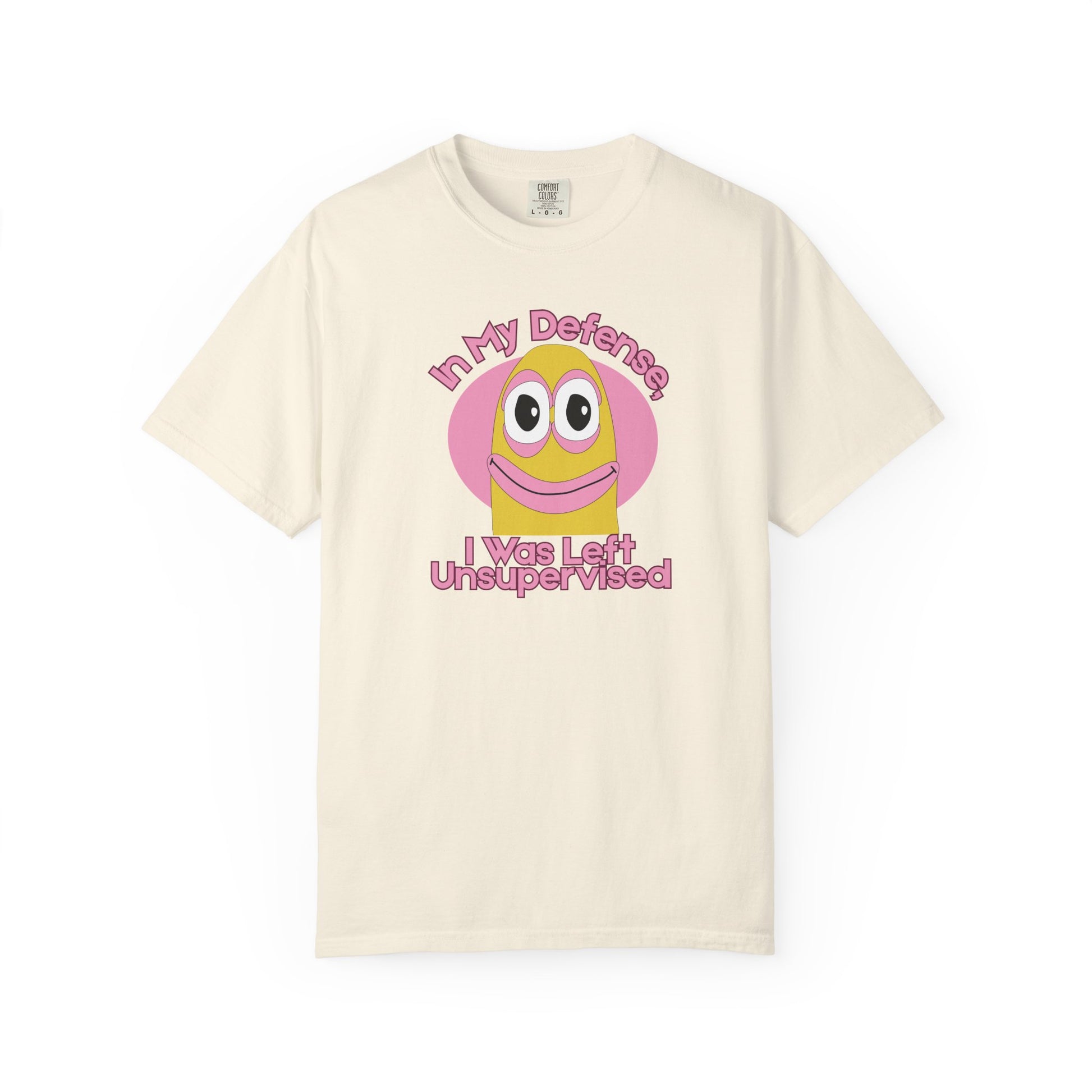 Funny meme shirt with goofy character saying In My Defense I Was Left Unsupervised