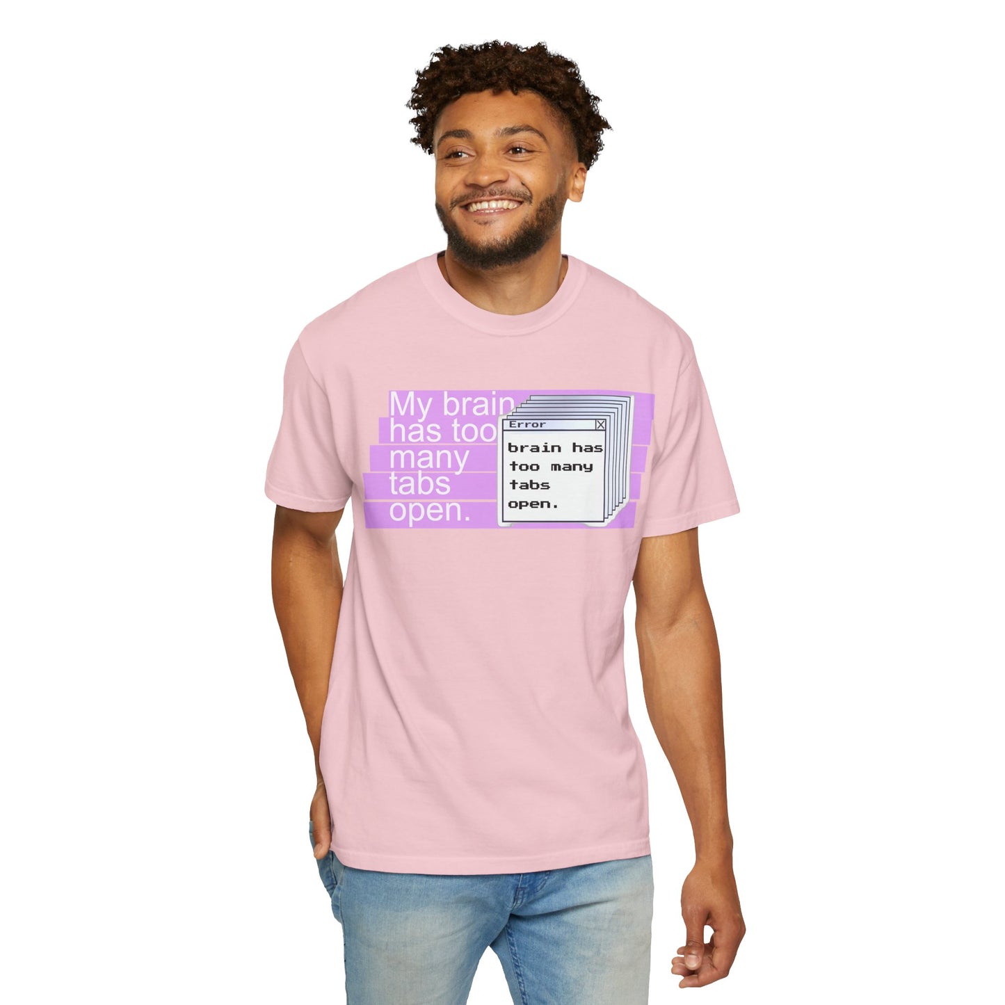 Funny mental health humor tee with browser error graphic, hanging on wooden rack