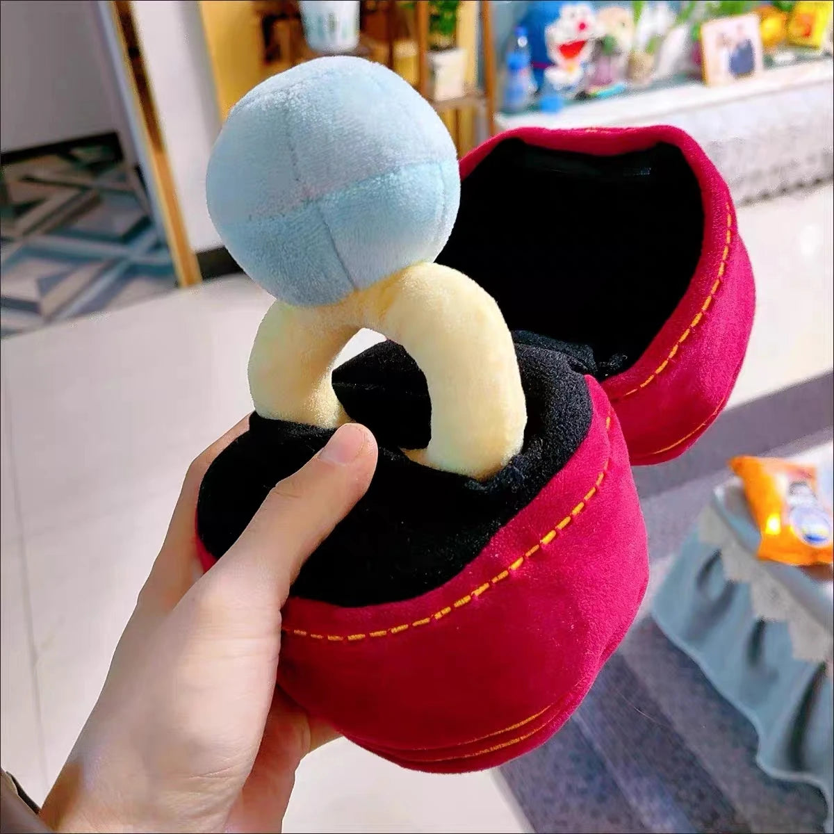 Funny proposal prop plush diamond ring and box set arranged in a romantic flat lay