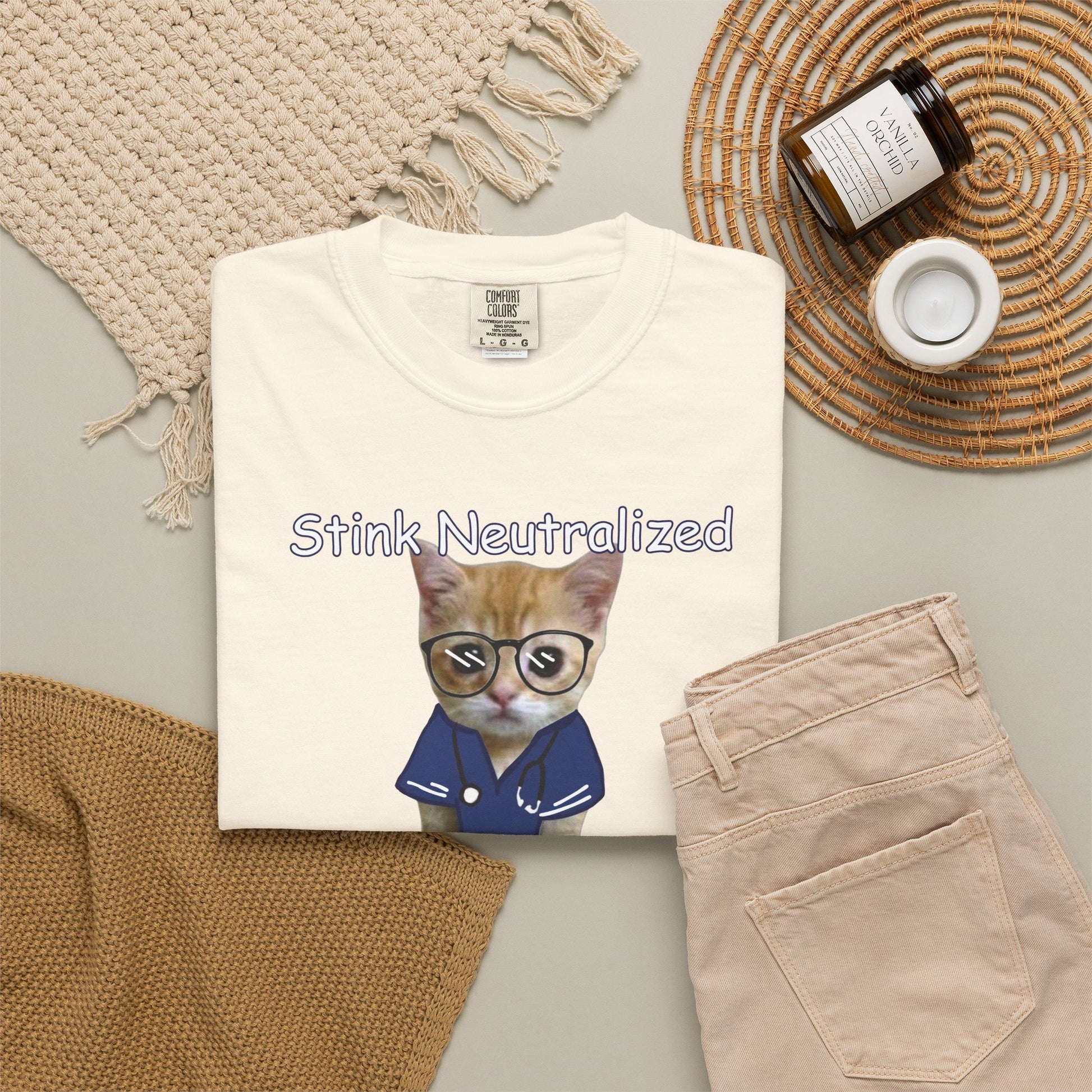 Funny slogan tee with kitten in robe and glasses Stink Neutralized print