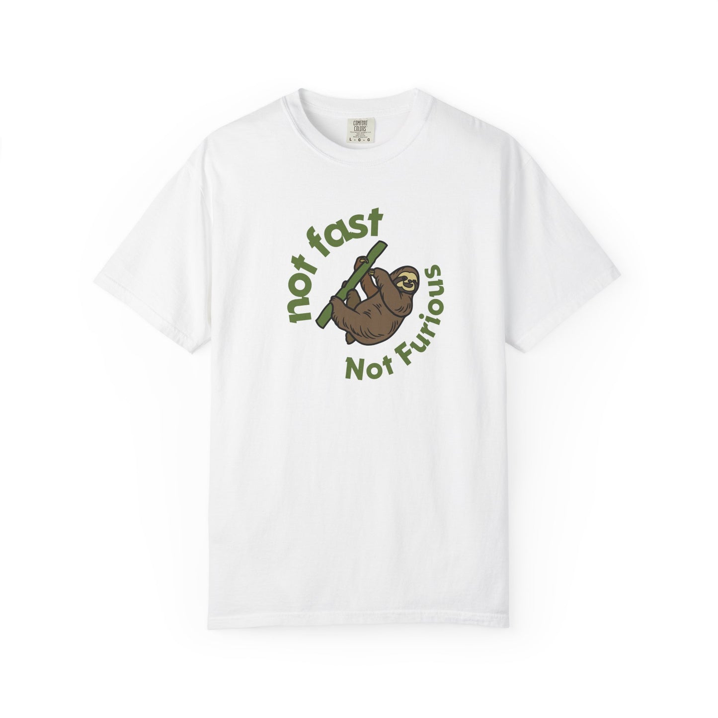 Funny sloth t-shirt with Not Fur'rious circular pun design on Comfort Colors 1717