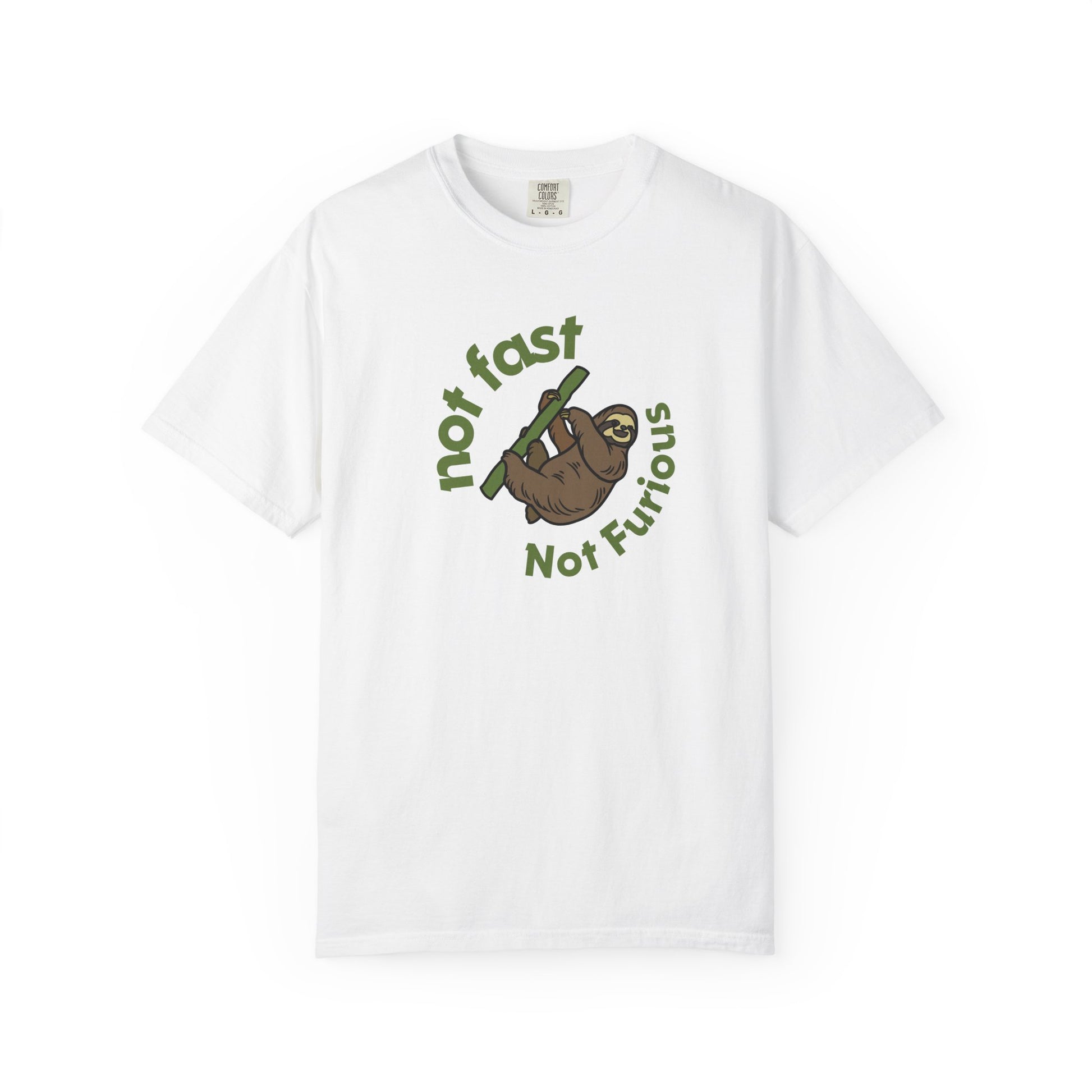 Funny sloth t-shirt with Not Fur'rious circular pun design on Comfort Colors 1717