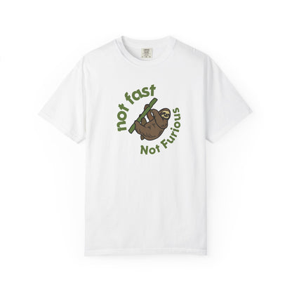 Funny sloth t-shirt with Not Fur'rious circular pun design on Comfort Colors 1717