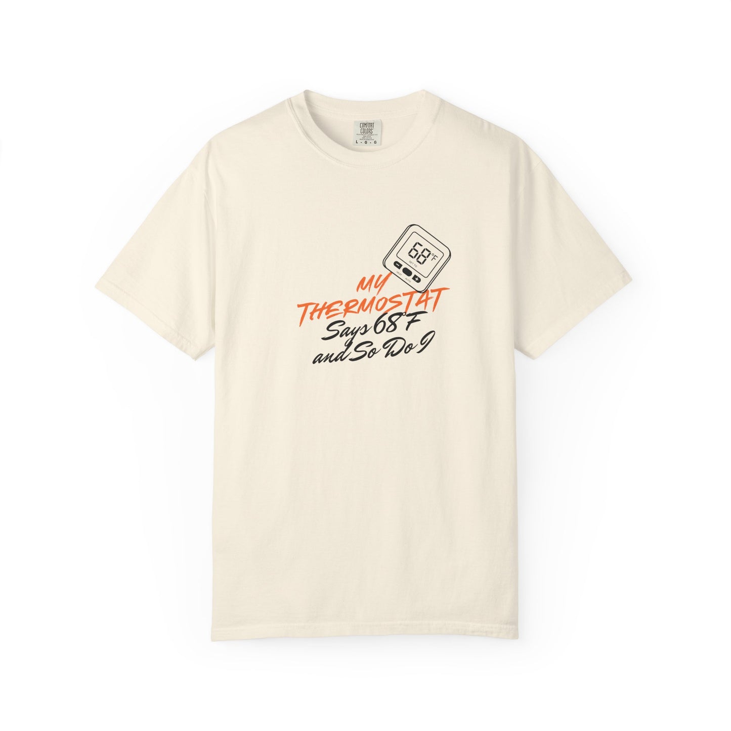 Funny thermostat tee in heather grey with orange and black thermostat illustration
