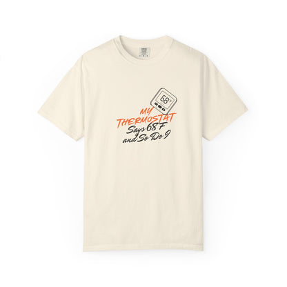 Funny thermostat tee in heather grey with orange and black thermostat illustration
