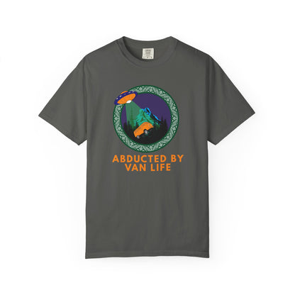 Funny van life T-shirt featuring alien abduction and mountain forest scenery print