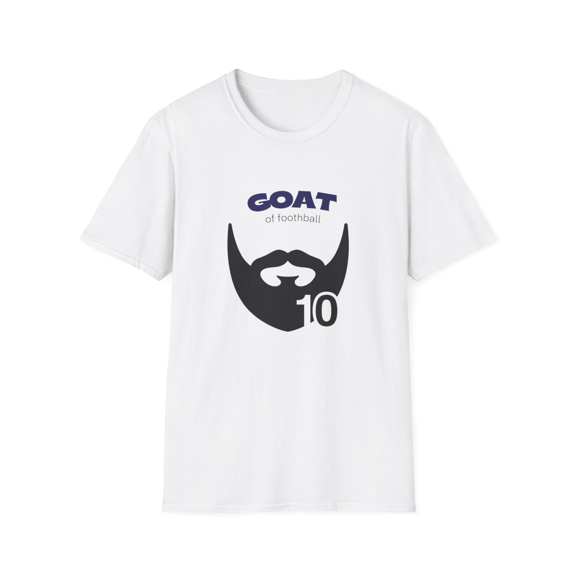 GOAT 10 soccer t-shirt front view with bold graphic print on white cotton
