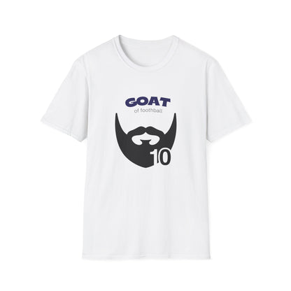 GOAT 10 soccer t-shirt front view with bold graphic print on white cotton
