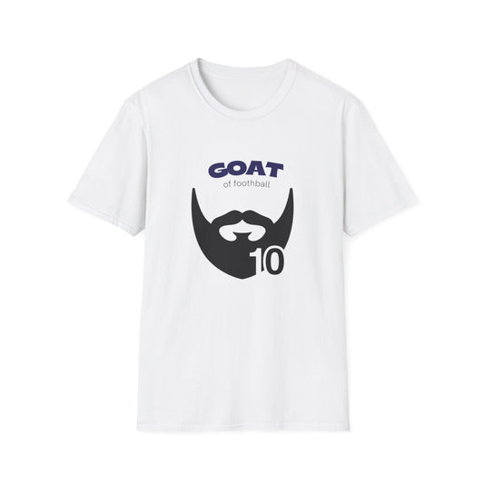 GOAT 10 soccer t-shirt front view with bold graphic print on white cotton

