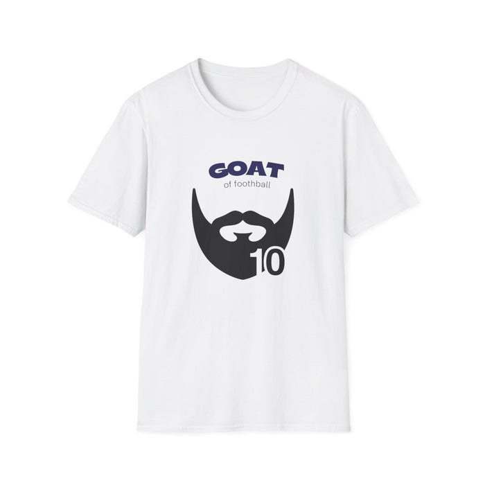 GOAT 10 soccer t-shirt front view with bold graphic print on white cotton
