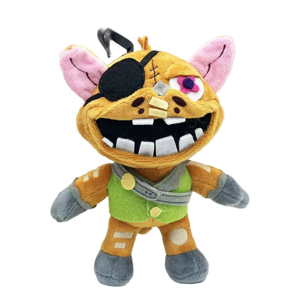 Gablet plush toy front view showing orange brown fur, leather eyepatch, and metal bolt nose detail
