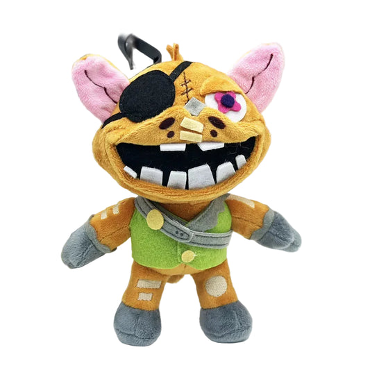 Gablet plush toy front view showing orange brown fur, leather eyepatch, and metal bolt nose detail
