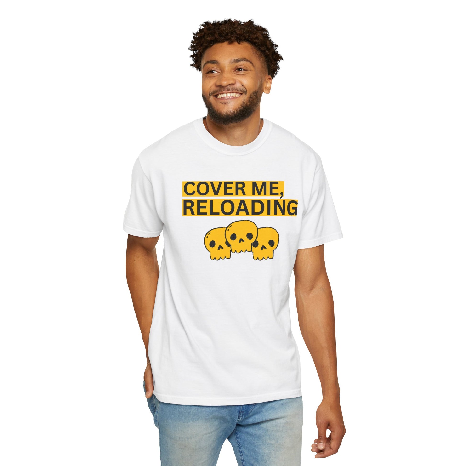 Gamer graphic tee cover me reloading design worn casually at gaming setup