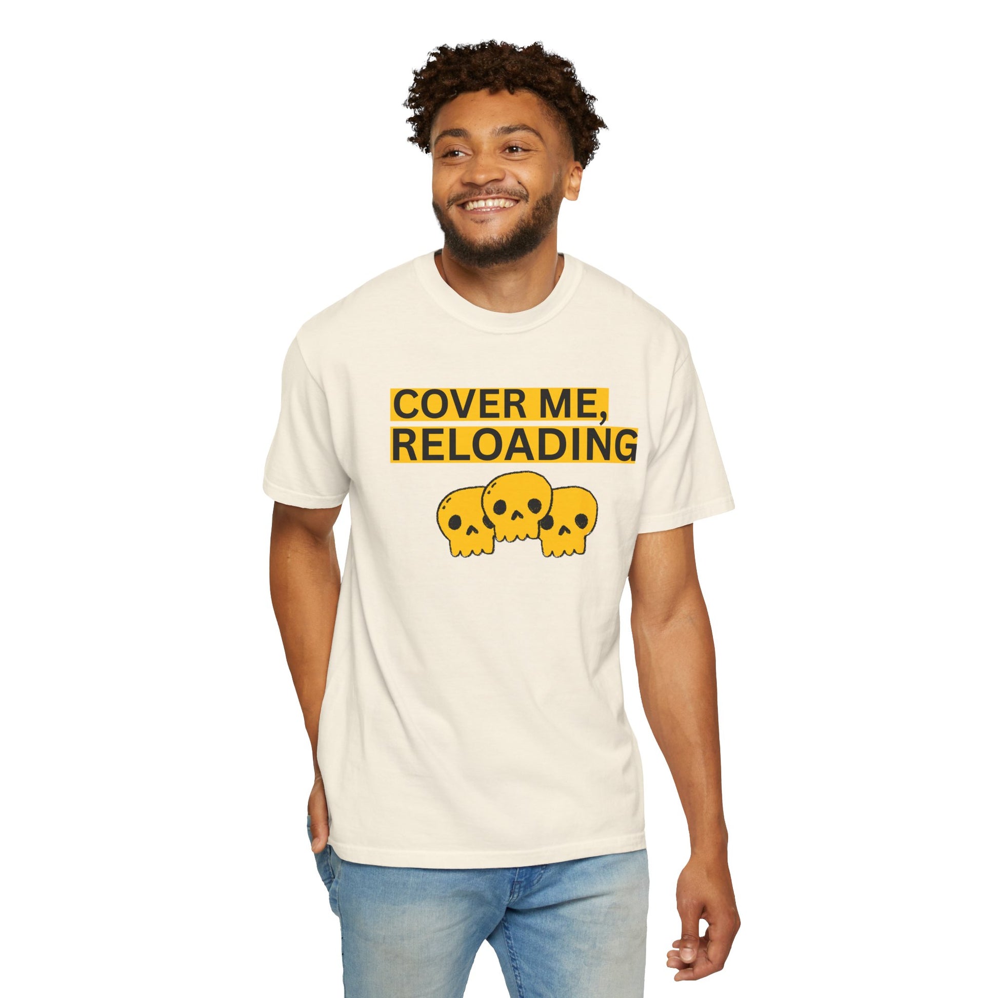 Gaming callout tee cover me reloading yellow skull design size S to 4XL