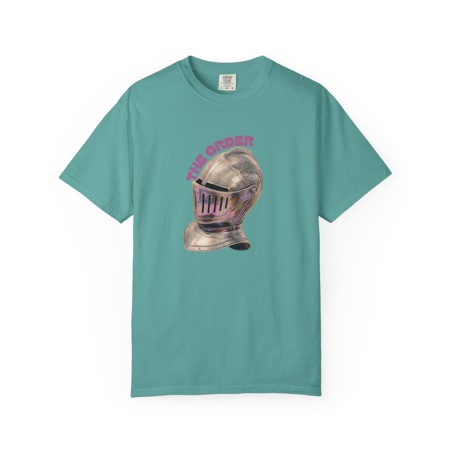 Gaming fan apparel - The Order knight helmet tee lifestyle shot in natural light
