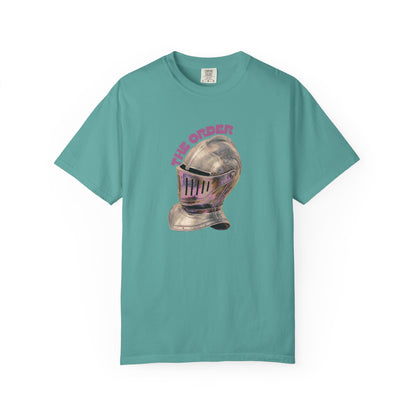 Gaming fan apparel - The Order knight helmet tee lifestyle shot in natural light

