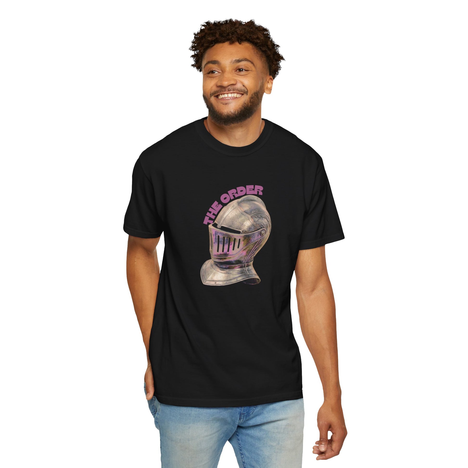Gaming graphic tee knight helmet design side angle showing tubular knit construction
