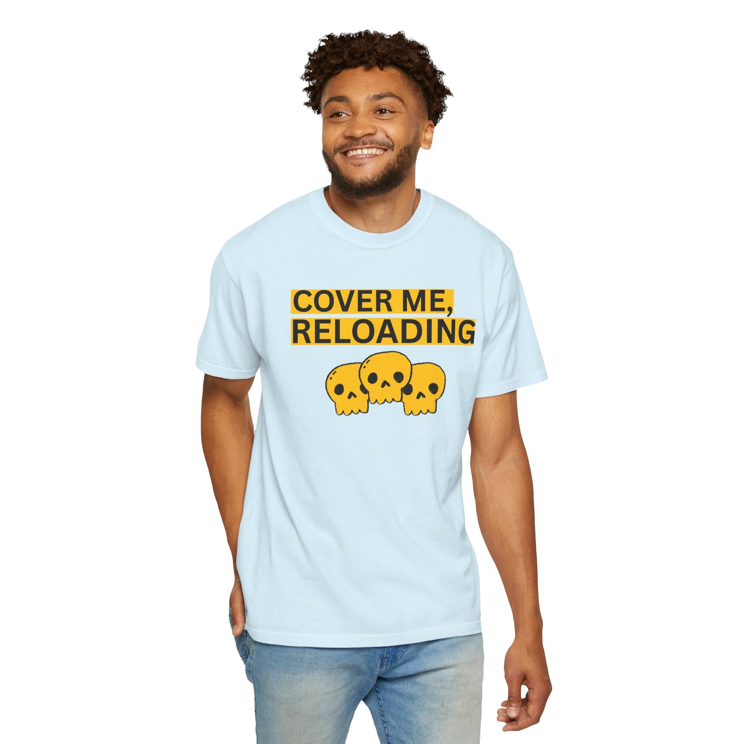 Gaming humor shirt cover me reloading worn by gamer at desk with PC setup in background