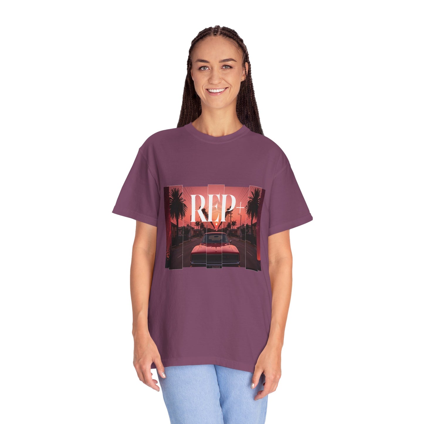 Garment-dyed 80s car tee with split-panel cinematic street and sunset graphic