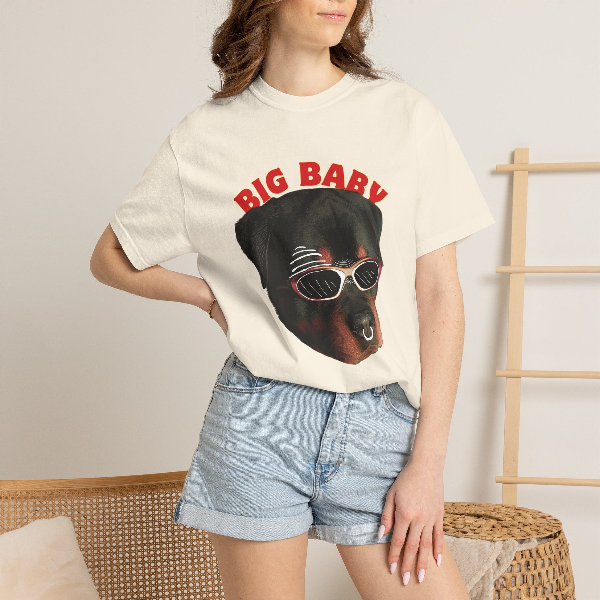Garment-dyed Rottweiler tee in stone colorway showing vintage-washed texture