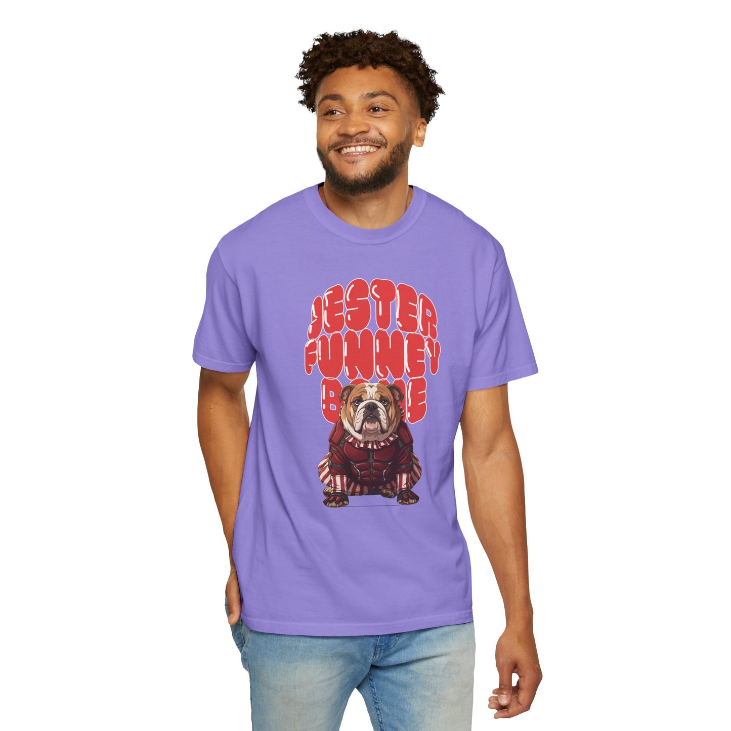 Garment-dyed bulldog jester design.