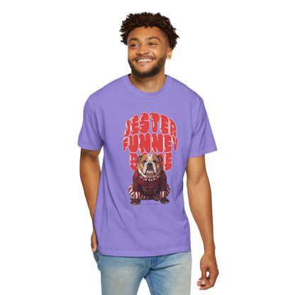 Garment-dyed bulldog jester design.