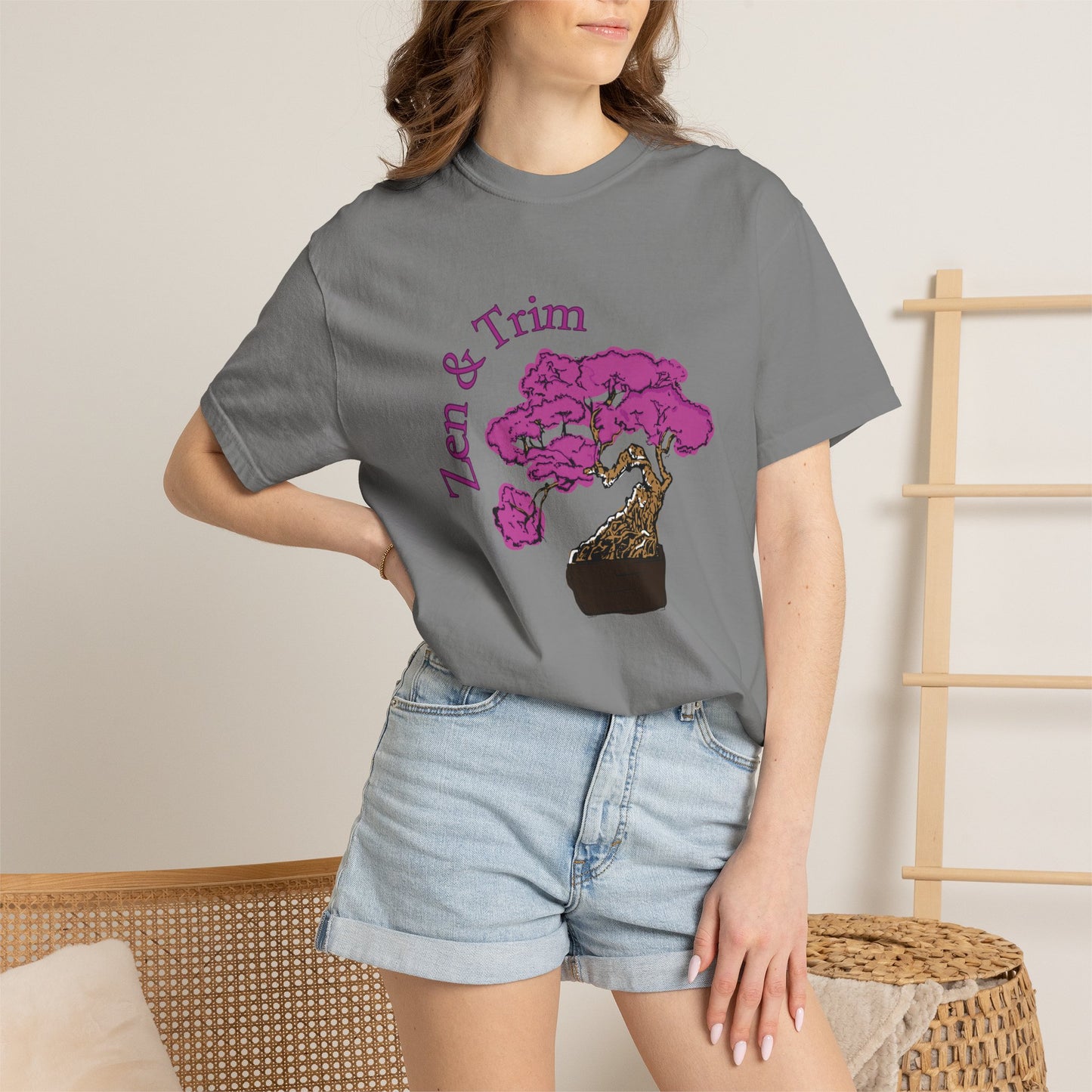 Garment-dyed cotton tee with artistic bonsai tree and magenta flower print