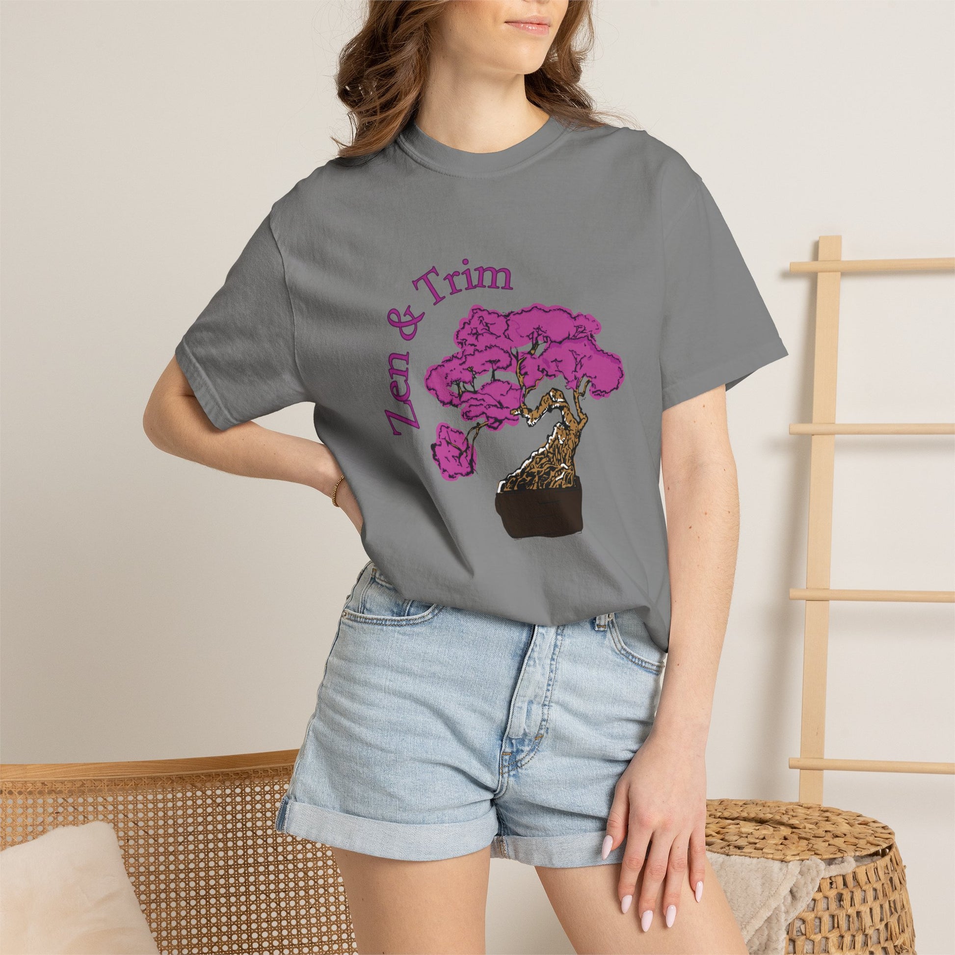 Garment-dyed cotton tee with artistic bonsai tree and magenta flower print