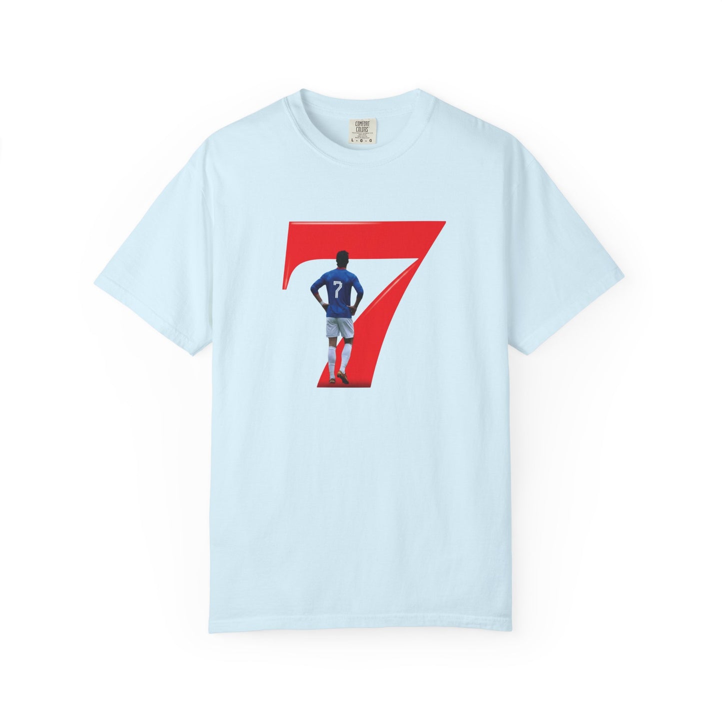 Garment-dyed football tee with lone player silhouette in bold red 7