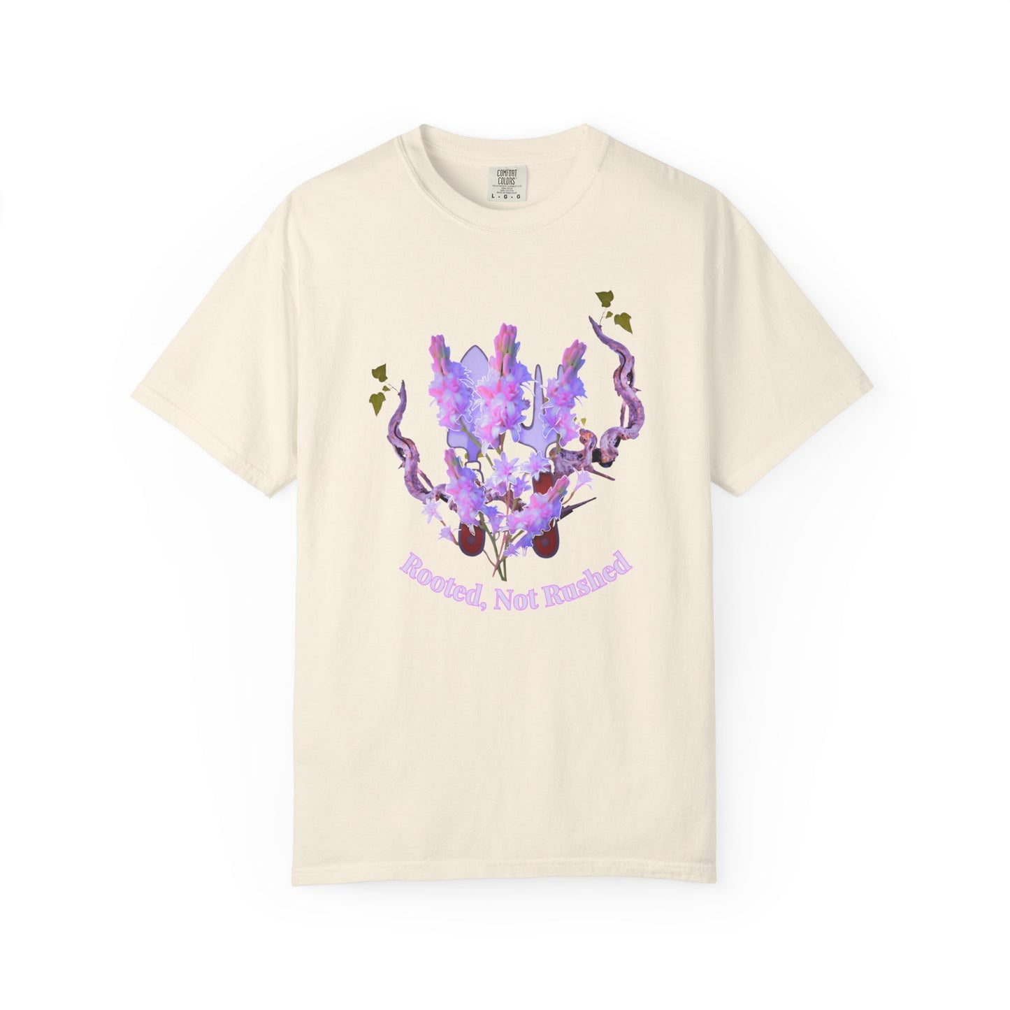 Garment-dyed heavyweight cotton tee with botanical affirmation graphic front view