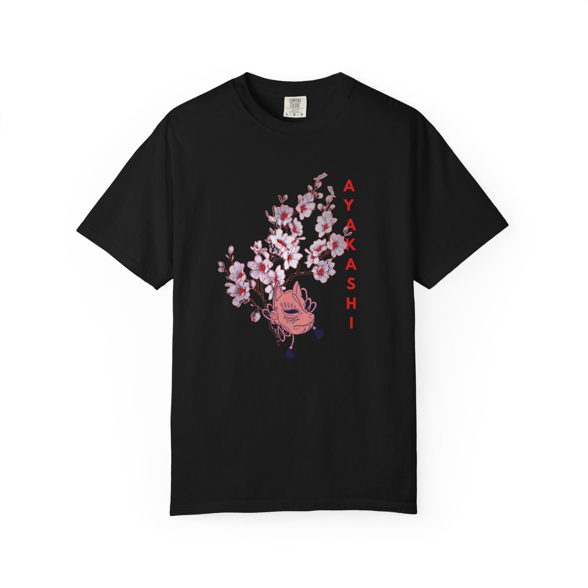 Garment-dyed heavyweight cotton tee with vertical AYAKASHI lettering and cherry blossom print