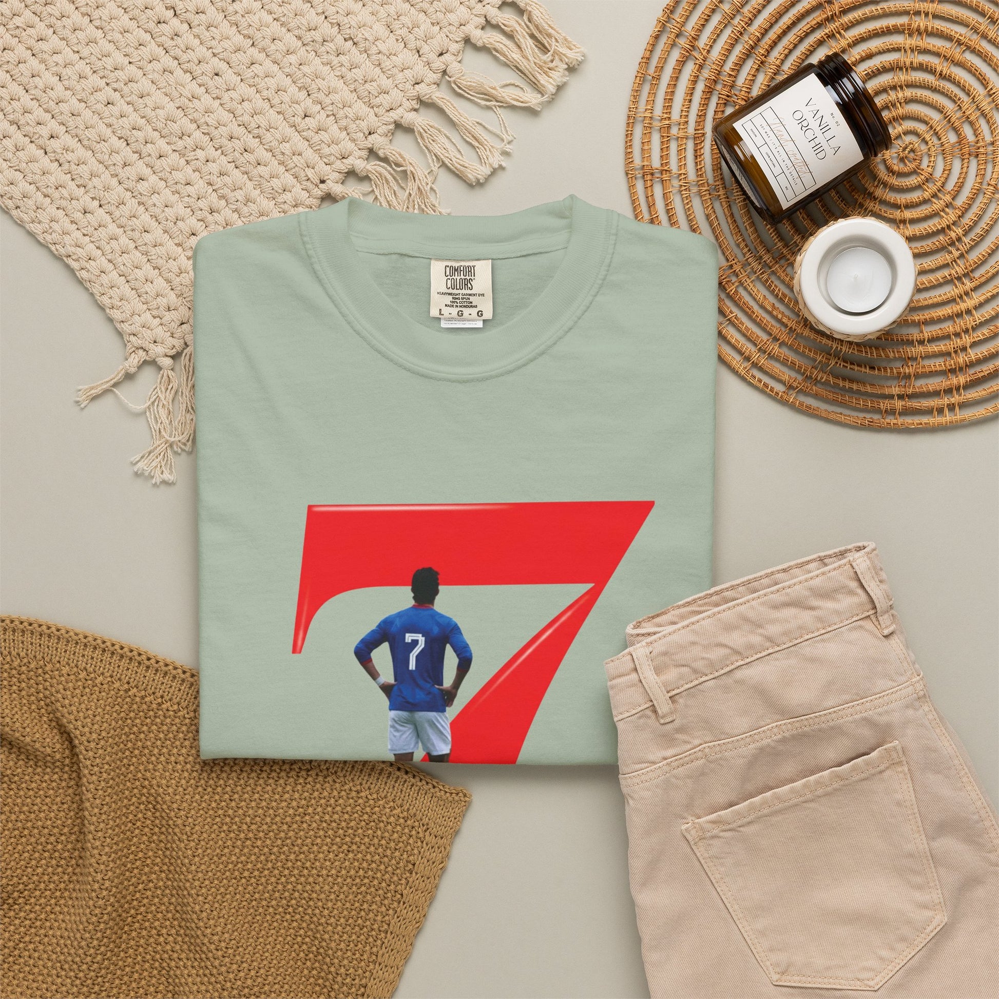 Garment-dyed heavyweight football tee with iconic No.7 silhouette graphic