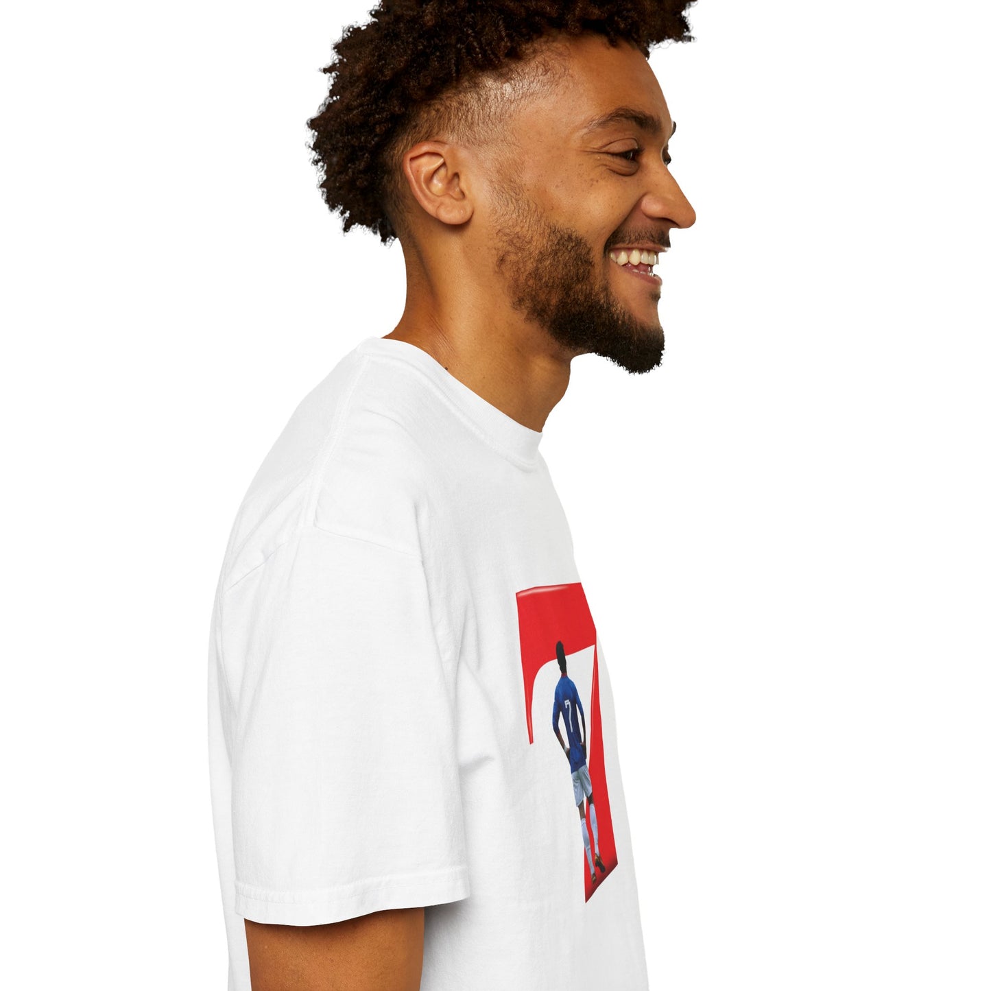 Garment-dyed heavyweight tee with footballer goal celebration graphic