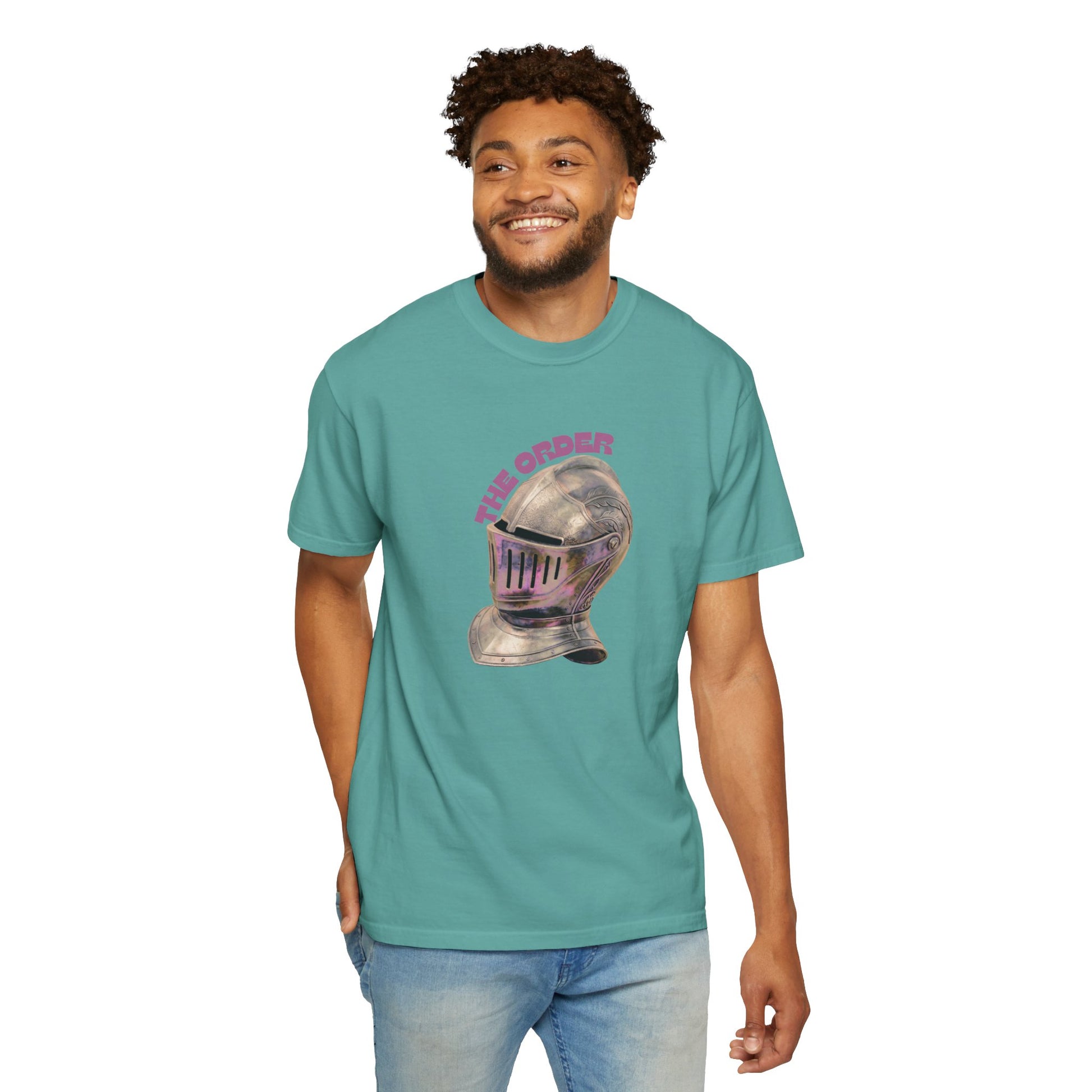 Garment-dyed heavyweight tee with medieval helmet illustration chest print
