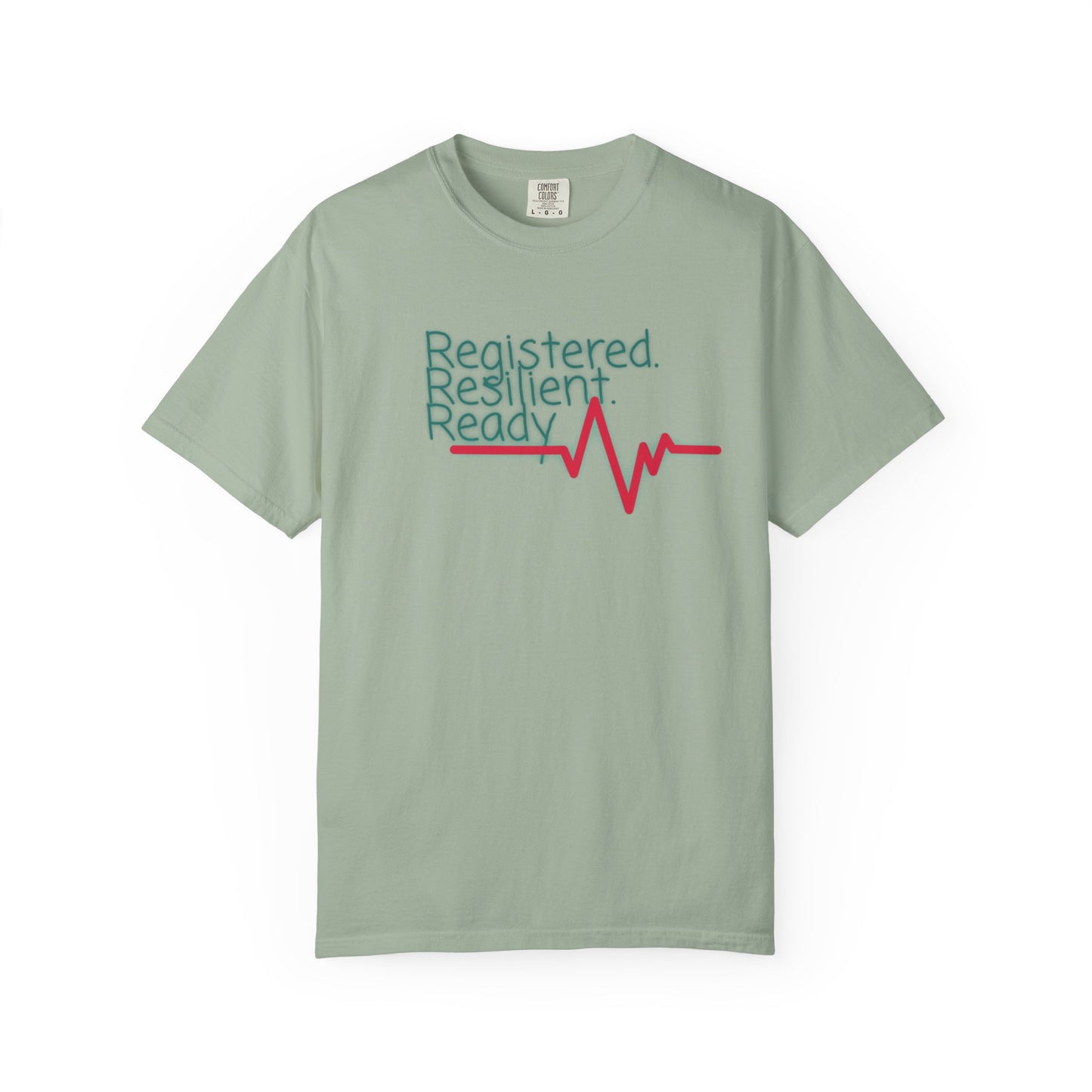 Garment-dyed nursing tee with Registered Resilient Ready text and EKG graphic