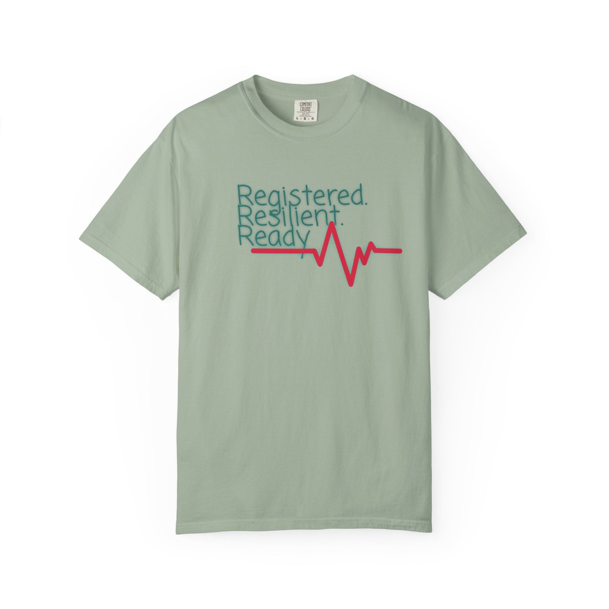 Garment-dyed nursing tee with Registered Resilient Ready text and EKG graphic