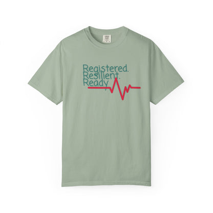 Garment-dyed nursing tee with Registered Resilient Ready text and EKG graphic