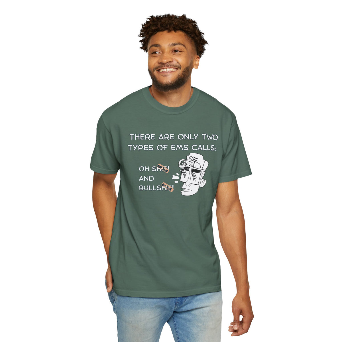 Garment-dyed paramedic gift t-shirt close-up print detail EMS dark humor