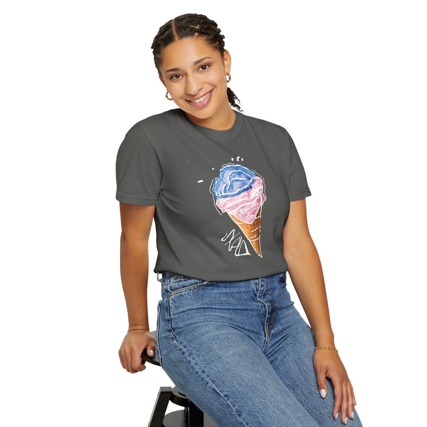 Garment-dyed relaxed fit tee featuring soft watercolor ice cream cone print