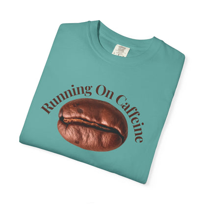 Garment-dyed t-shirt in earthy muted tone laid flat on light background